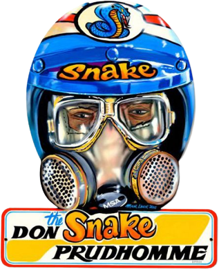 The snake logo featuring a man wearing a helmet represents the thrilling world of drag racing.