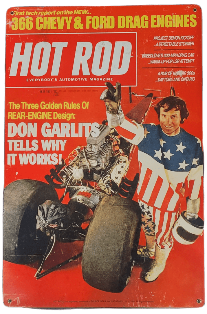 A metal sign with a picture of the Hot Rod 1971.