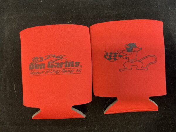A picture of the museum Koozie on red color