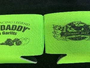 A picture of the drag racing legend koozie in green color