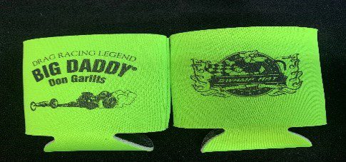 A picture of the drag racing legend koozie in green color