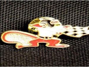 A picture of the Swampy hat pin in gold and red color