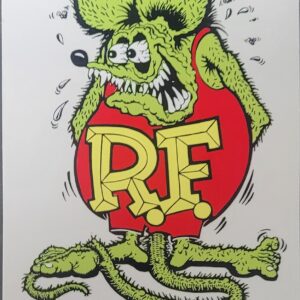 A poster on the Rat Fink with rat logo