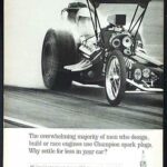 A black and white ad featuring a man engaged in drag racing while driving a car.