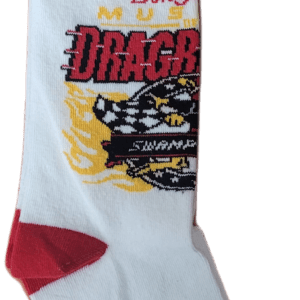 A pair of Museum of Drag Racing Socks with a dragon logo on them.
