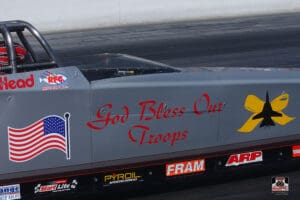Dragster with "God Bless Our Troops" message.