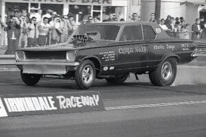 Vintage drag race car at Irwindale Raceway.