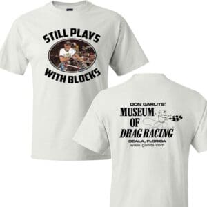 T-shirt with racing design and text.