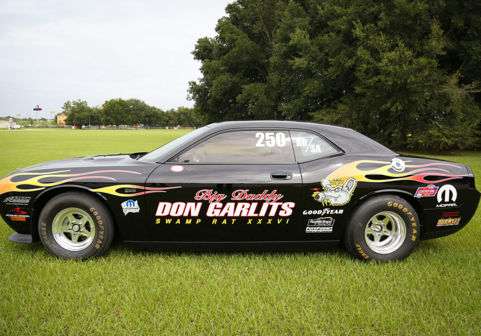 A black car with flames on it is parked in a field, hinting at its connection to the world of drag racing.